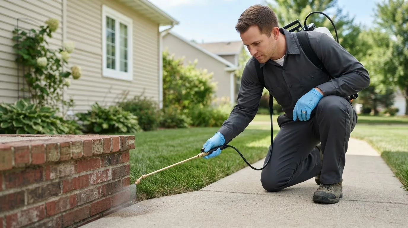 Pest control technician treating a home near Tolono, IL