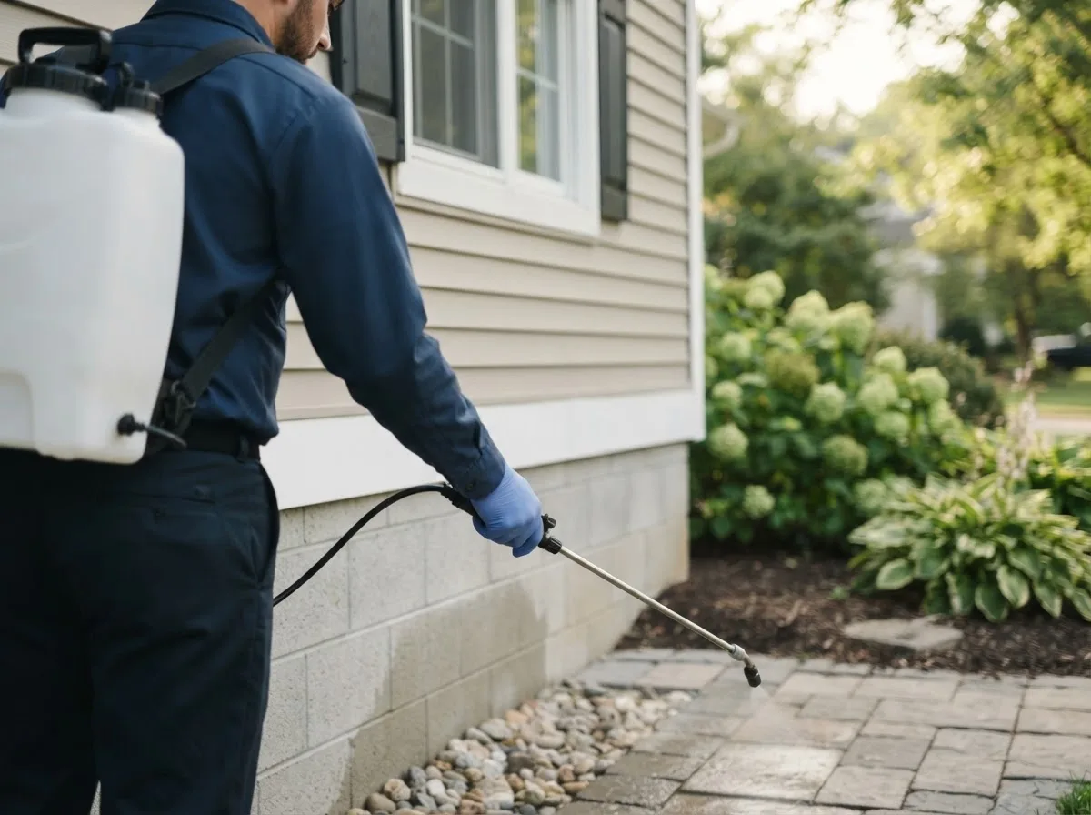 Pest control technician inspecting a home in Tolono, IL